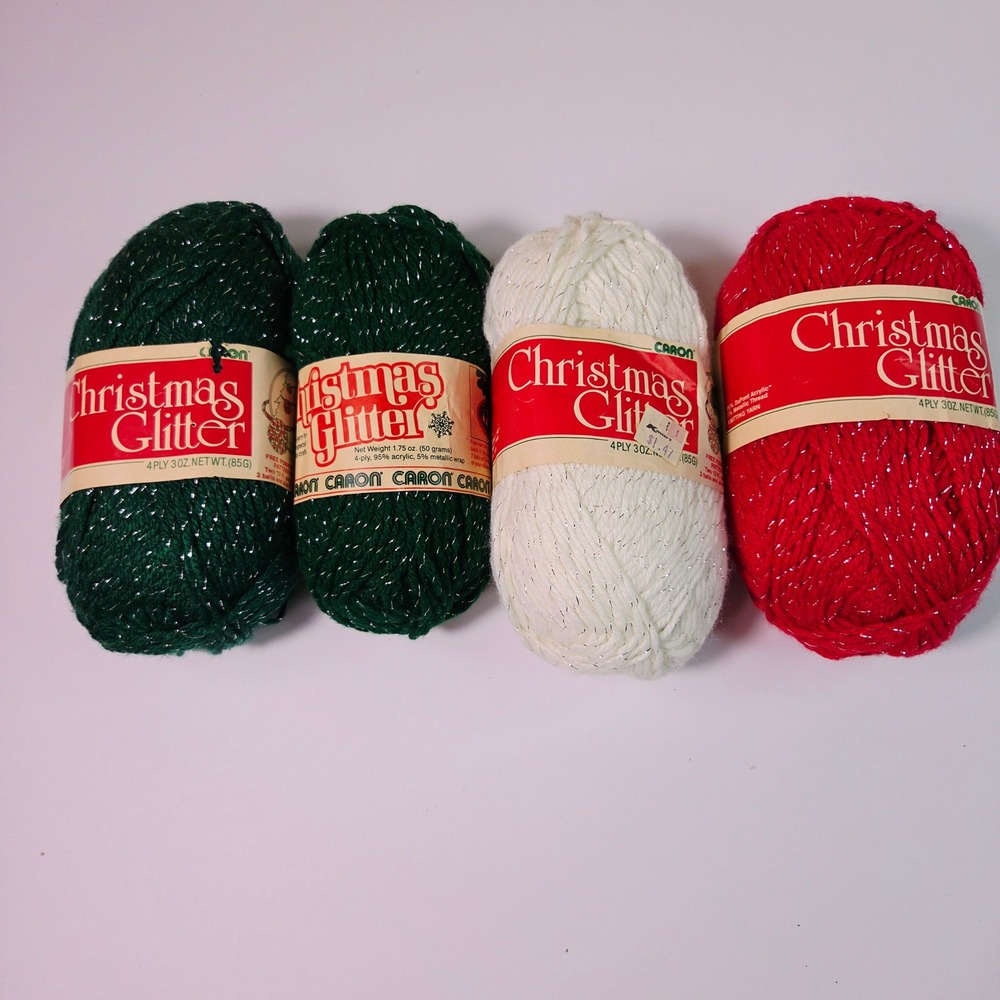 Caron Christmas Glitter Yarn Lot 4 Skeins Red White Green Metallic Vintage 4-Ply